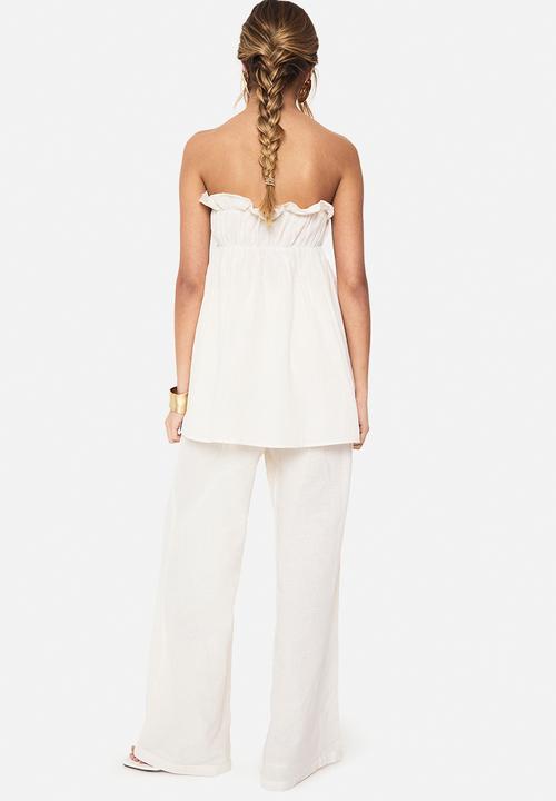 boohoo - Linen look longline bandeau and wide leg trouser co-ord - white