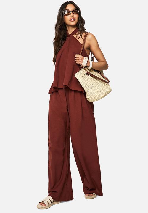 boohoo - Linen Look Halterneck Swing Top And Wide Leg Trousers Co-Or - rust