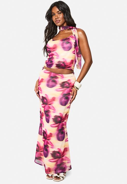 boohoo - Blurred floral print woven skirt -  purple
