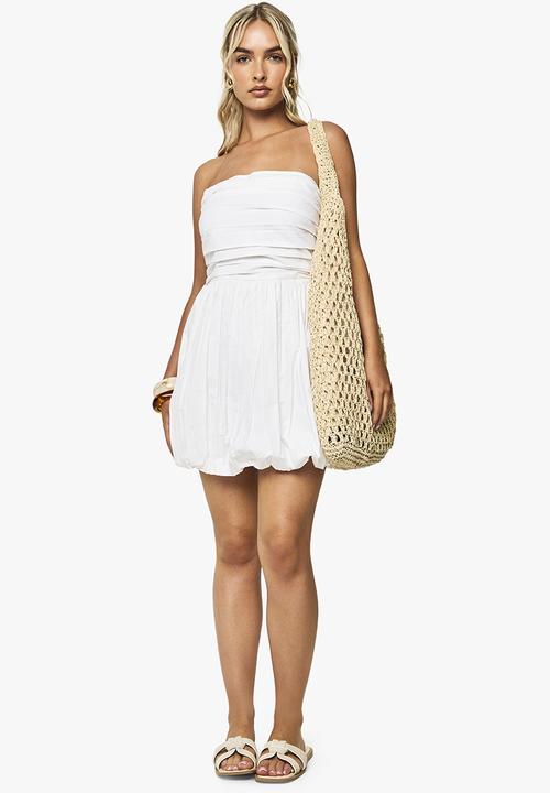 boohoo - Cotton Poplin Bandeau Puffball Mini Dress - white