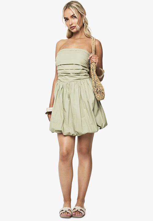 boohoo - Cotton Poplin Bandeau Puffball Mini Dress - sage