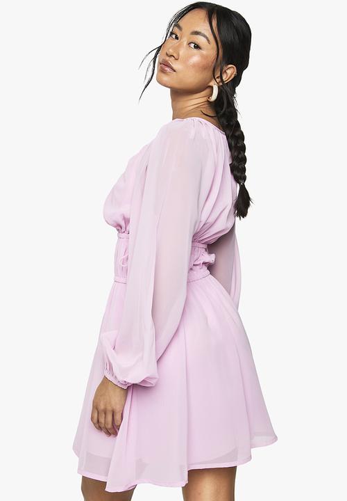 boohoo - Chiffon tie waist balloon sleeve mini dress - pink