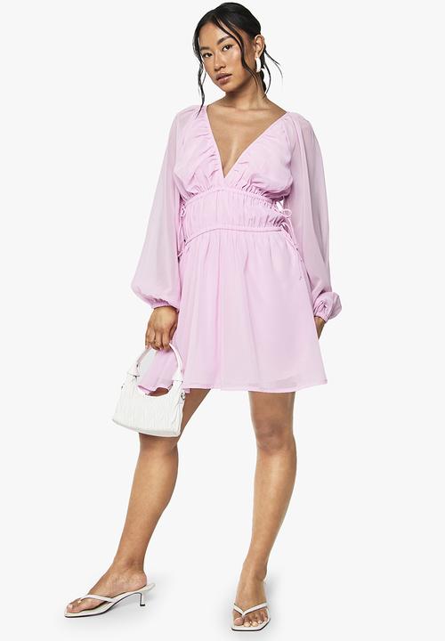 boohoo - Chiffon tie waist balloon sleeve mini dress - pink
