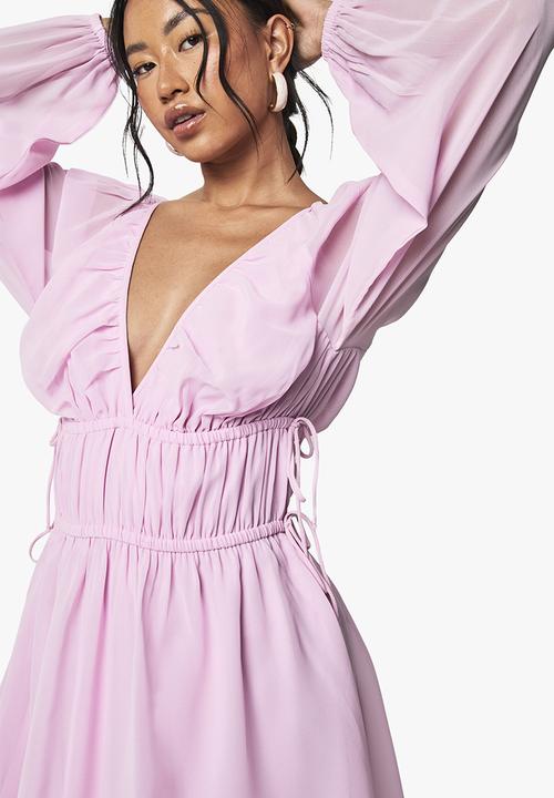boohoo - Chiffon tie waist balloon sleeve mini dress - pink