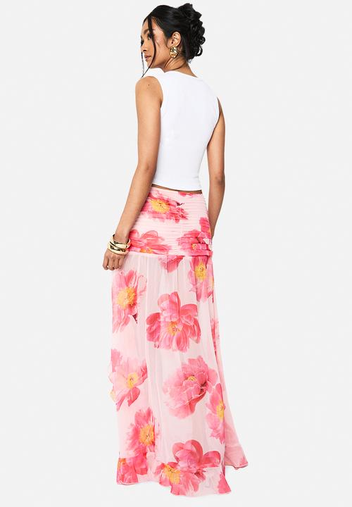 boohoo - Floral chiffon ruffle split leg maxi skirt - pink