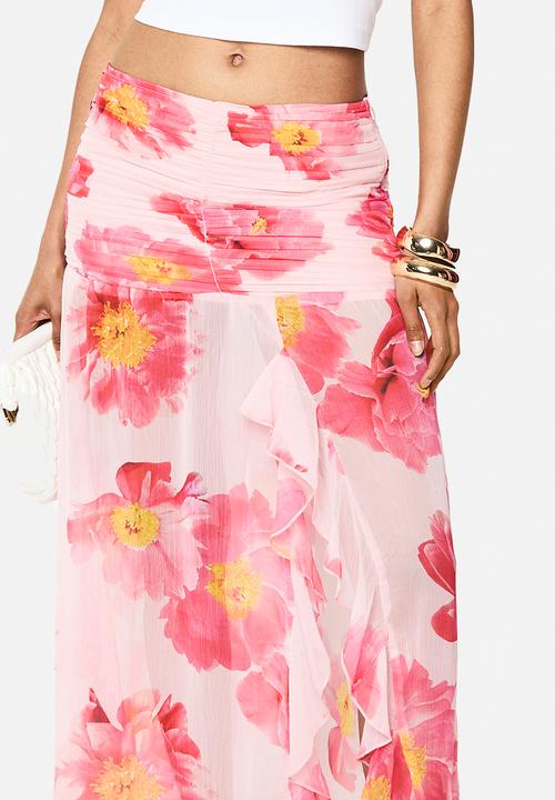 boohoo - Floral chiffon ruffle split leg maxi skirt - pink