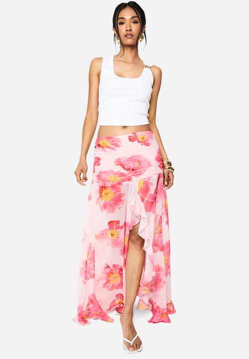boohoo - Floral chiffon ruffle split leg maxi skirt - pink