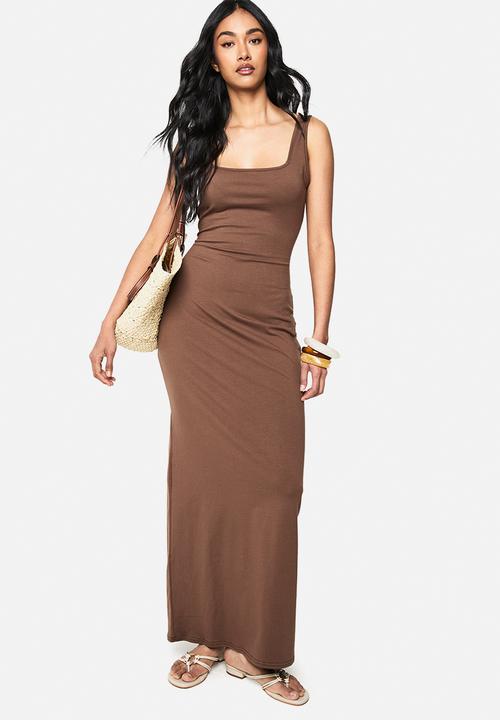 boohoo - Cotton scoop neck column maxi dress - chocolate