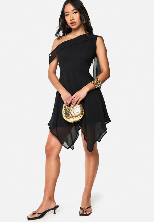 Asymmetric chiffon tie detail hanky hem mini dress - black3