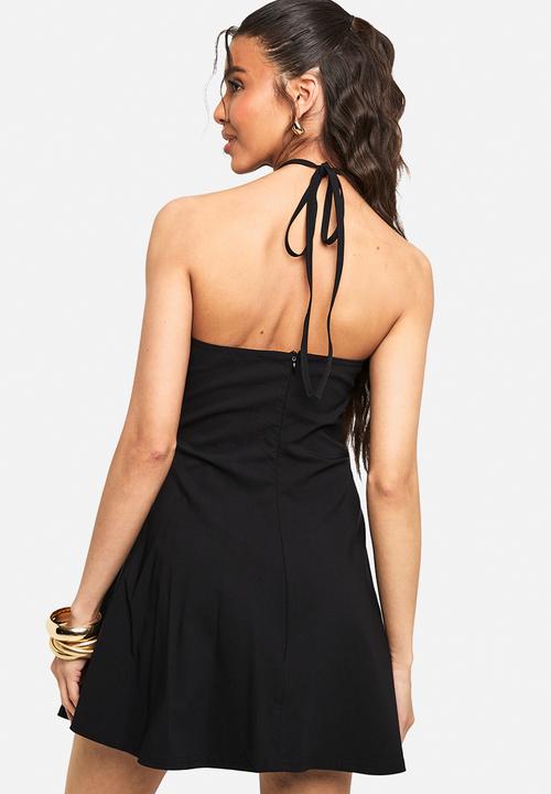 boohoo - Halter neck trim detail volume skater dress - black