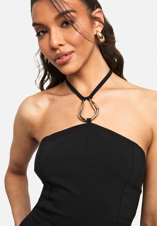 boohoo - Halter neck trim detail volume skater dress - black