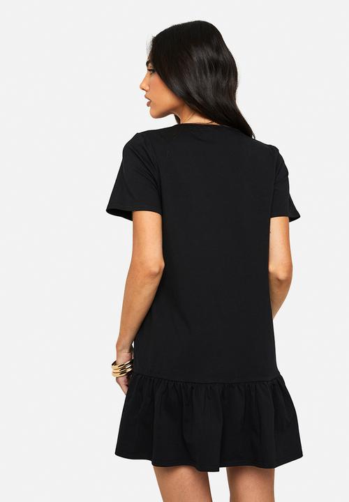 boohoo - Cotton ruffle dropped hem smock dress - black