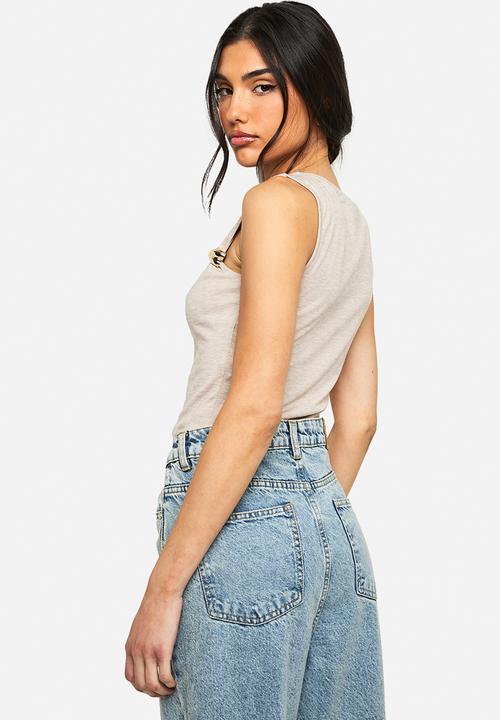 boohoo - Marl square neck trim detail top - stone