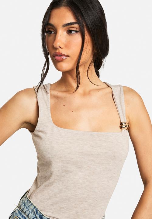 boohoo - Marl square neck trim detail top - stone