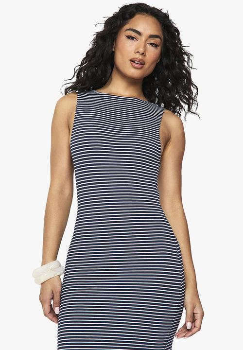 boohoo - Stripe tie back column midaxi dress - navy