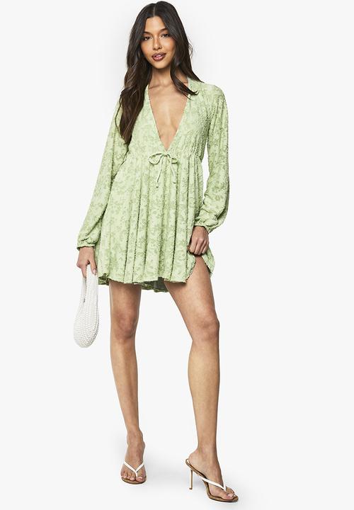 boohoo - Floral burnout plunge skater mini dress - sage