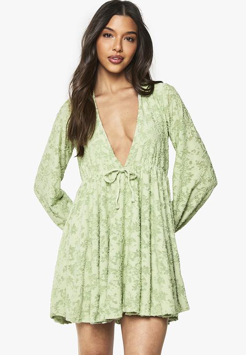 Floral burnout plunge skater mini dress - sage