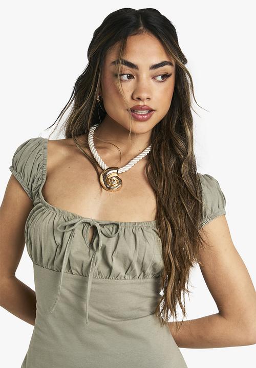 boohoo - Cotton milkmaid mini dress -  sage