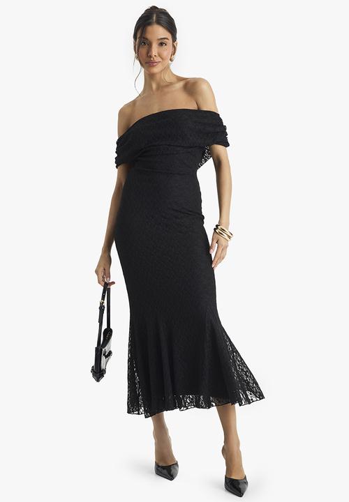 boohoo - Bardot lace pleated midaxi dress - black