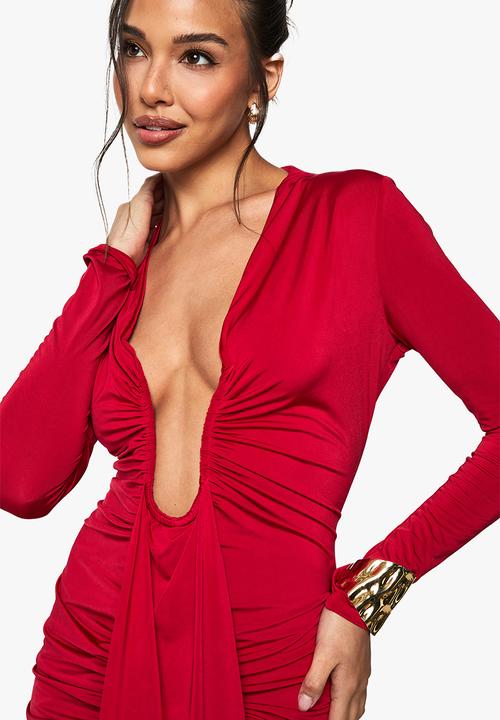 boohoo - Slinky plunge ruched mini dress - red