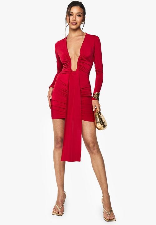 boohoo - Slinky plunge ruched mini dress - red