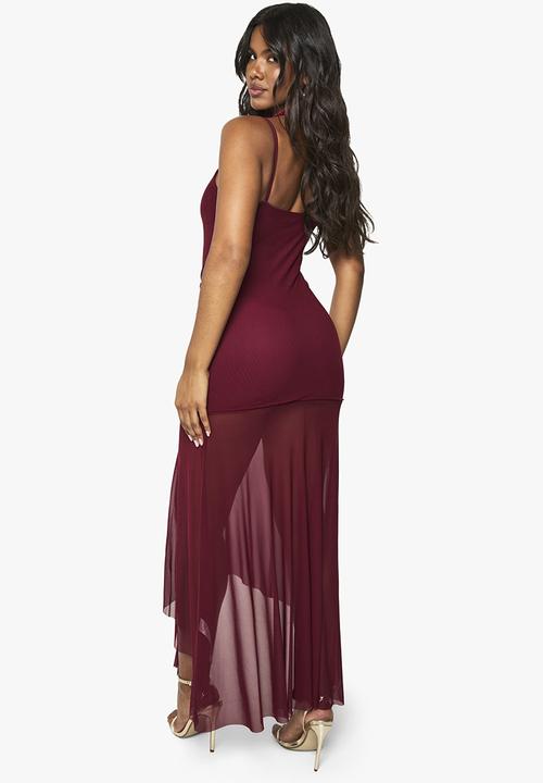 boohoo - Ruched mesh drape midaxi dress - wine