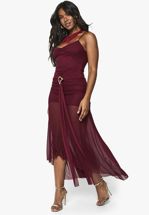 Ruched mesh drape midaxi dress