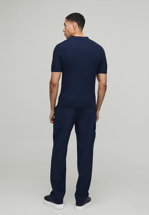 boohooMAN - Muscle Fit Zip Neck Stripe Sleeve Knitted Polo - Navy