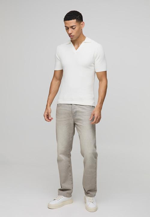 boohooMAN - Muscle Fit Revere Collar Knitted Polo - Ecru