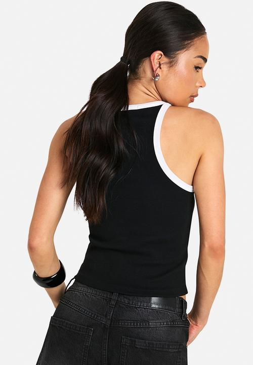 boohoo - Rib contrast binding racer neck vest top - black