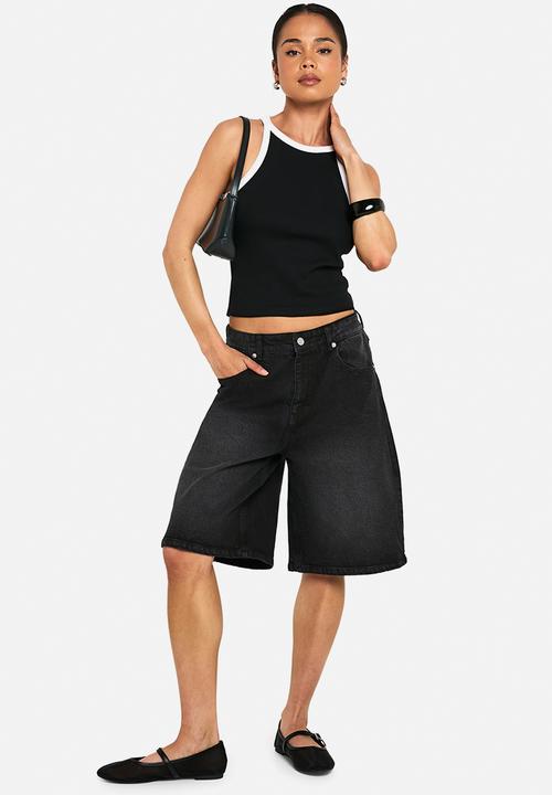 boohoo - Rib contrast binding racer neck vest top - black