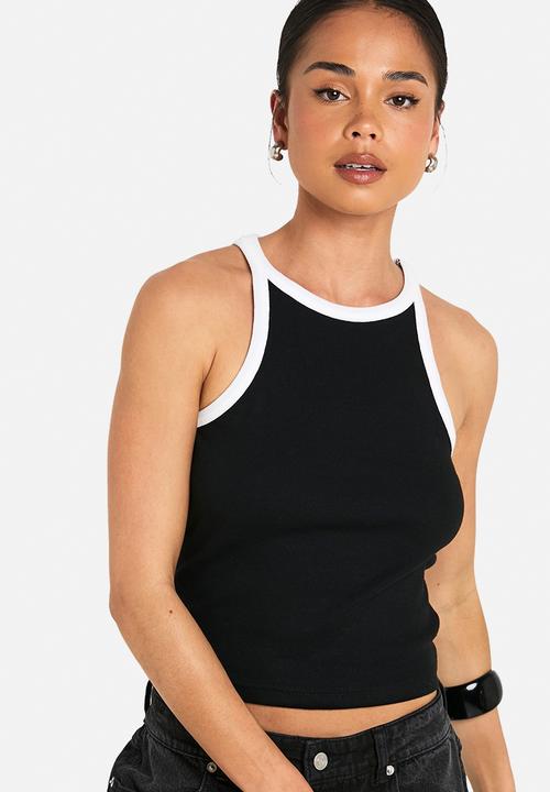 boohoo - Rib contrast binding racer neck vest top - black