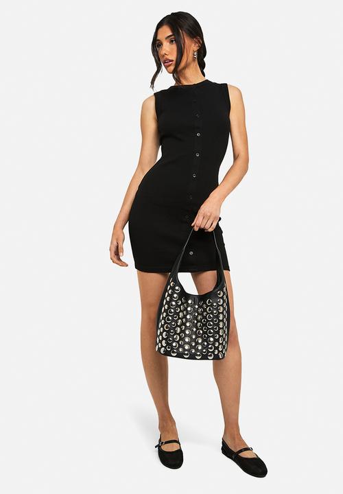 boohoo - Rib button down shift dress - black