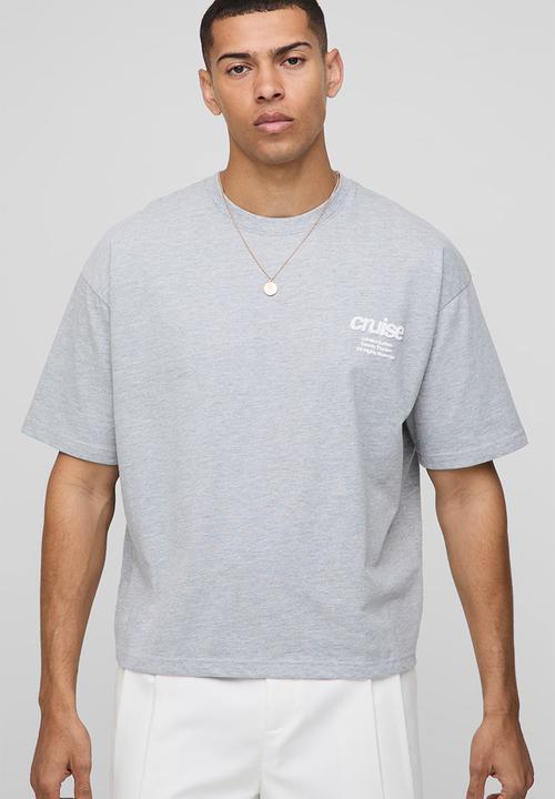 boohooMAN - Oversized Boxy International Sun Slogan Print T-shirt - Grey Marl