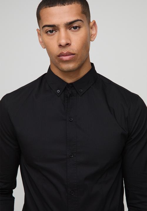 boohooMAN - Slim Fit Basic Long Sleeve Collared Shirt - Black
