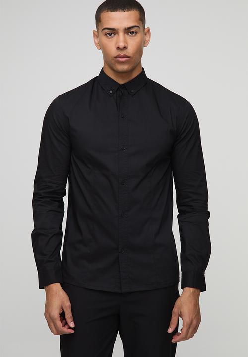 Slim Fit Basic Long Sleeve Collared Shirt - Black