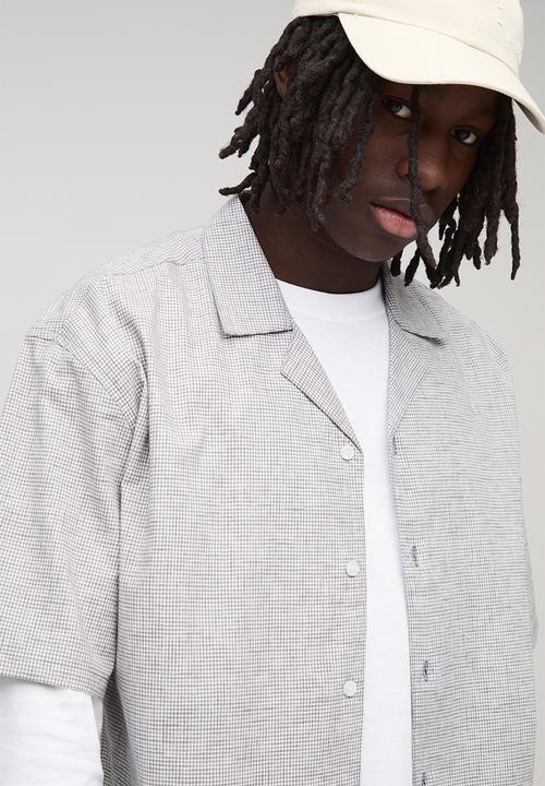 boohooMAN - Oversized Micro Check Double Pocket Revere Shirt - Grey