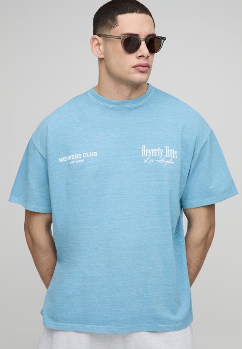 boohooMAN - Oversized Beverly Hills Bird Graphic Washed T-shirt - Blue