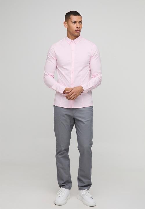 boohooMAN - Slim Fit Basic Long Sleeve Collared Shirt - Pink