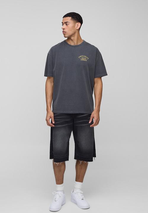 boohooMAN - Oversized Saint Tropez Palm Tree Washed T-Shirt - charcoal