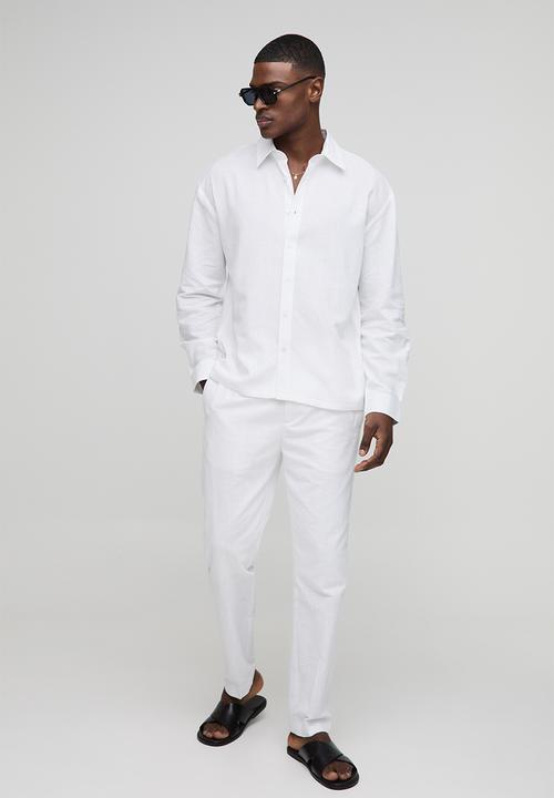 boohooMAN - Oversized Long Sleeve Collared Linen Blend Shirt - White