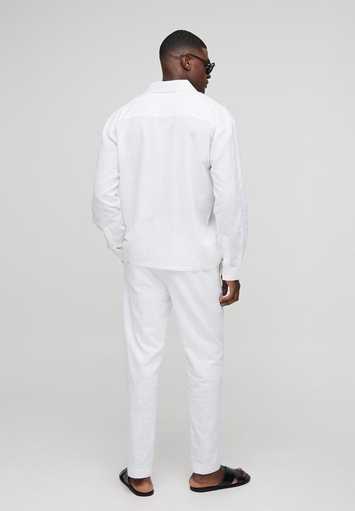 boohooMAN - Oversized Long Sleeve Collared Linen Blend Shirt - White