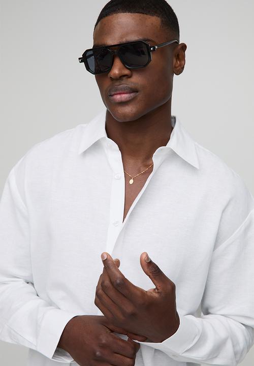 boohooMAN - Oversized Long Sleeve Collared Linen Blend Shirt - White