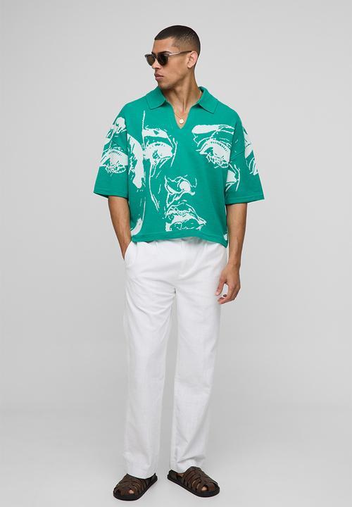 boohooMAN - Oversized Boxy Line Drawing Knitted Polo - Green