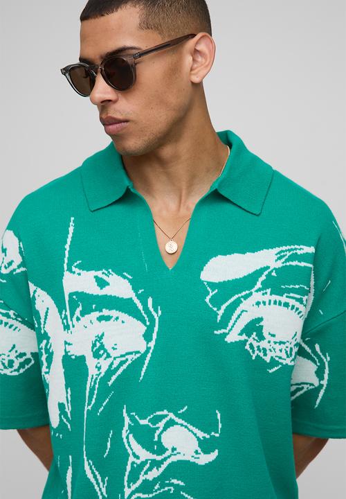 boohooMAN - Oversized Boxy Line Drawing Knitted Polo - Green