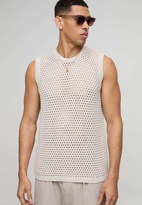 boohooMAN - Regular Fit Open Stitch Knitted Vest - White