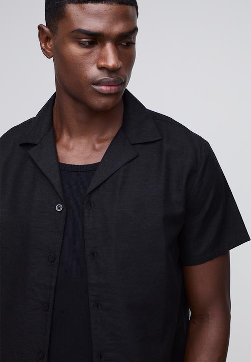 boohooMAN - Regular Fit Revere Linen Blend Short Sleeve Shirt - black