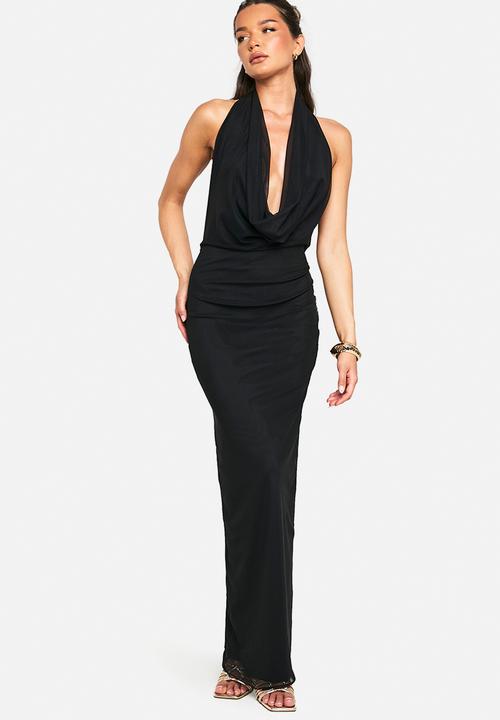 boohoo - Cowl neck mesh maxi dress - black