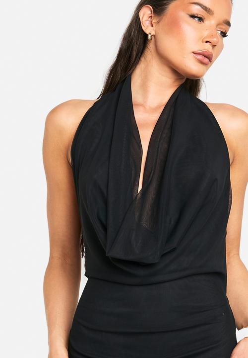 boohoo - Cowl neck mesh maxi dress - black