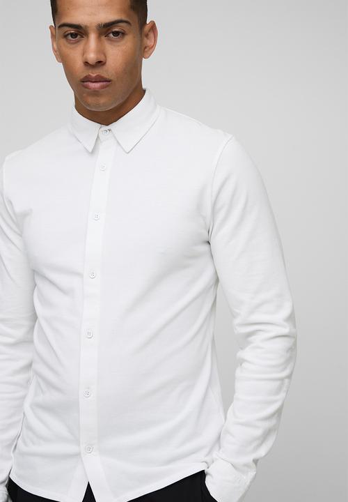 boohooMAN - Slim Fit Pique Button Down Collar Jersey Shirt - White